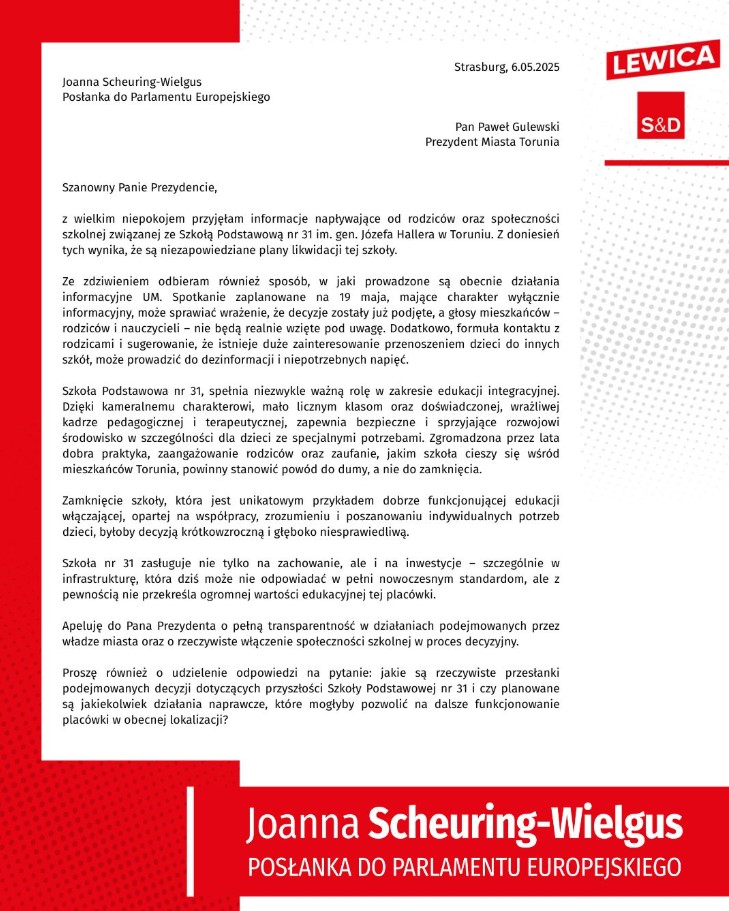 list posłanki do prezydenta Torunia